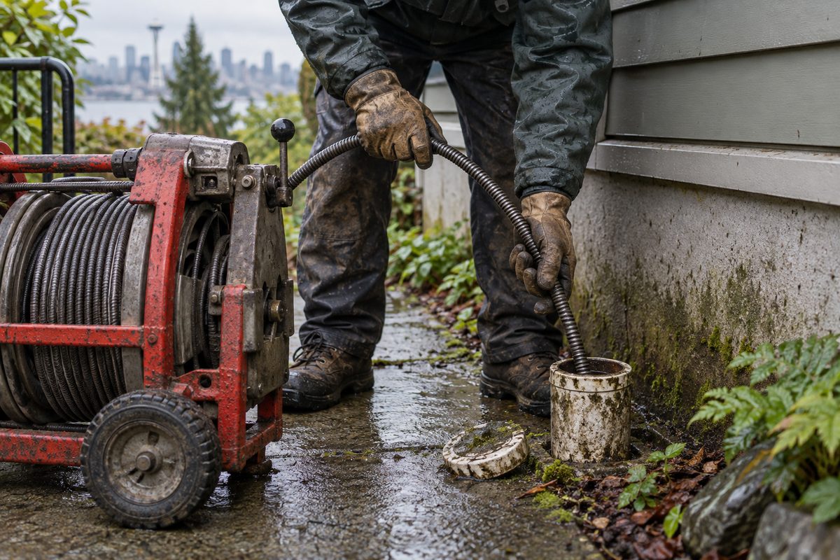 Drain cleaning cable being fed into an outdoor sewer cleanout on a wet day