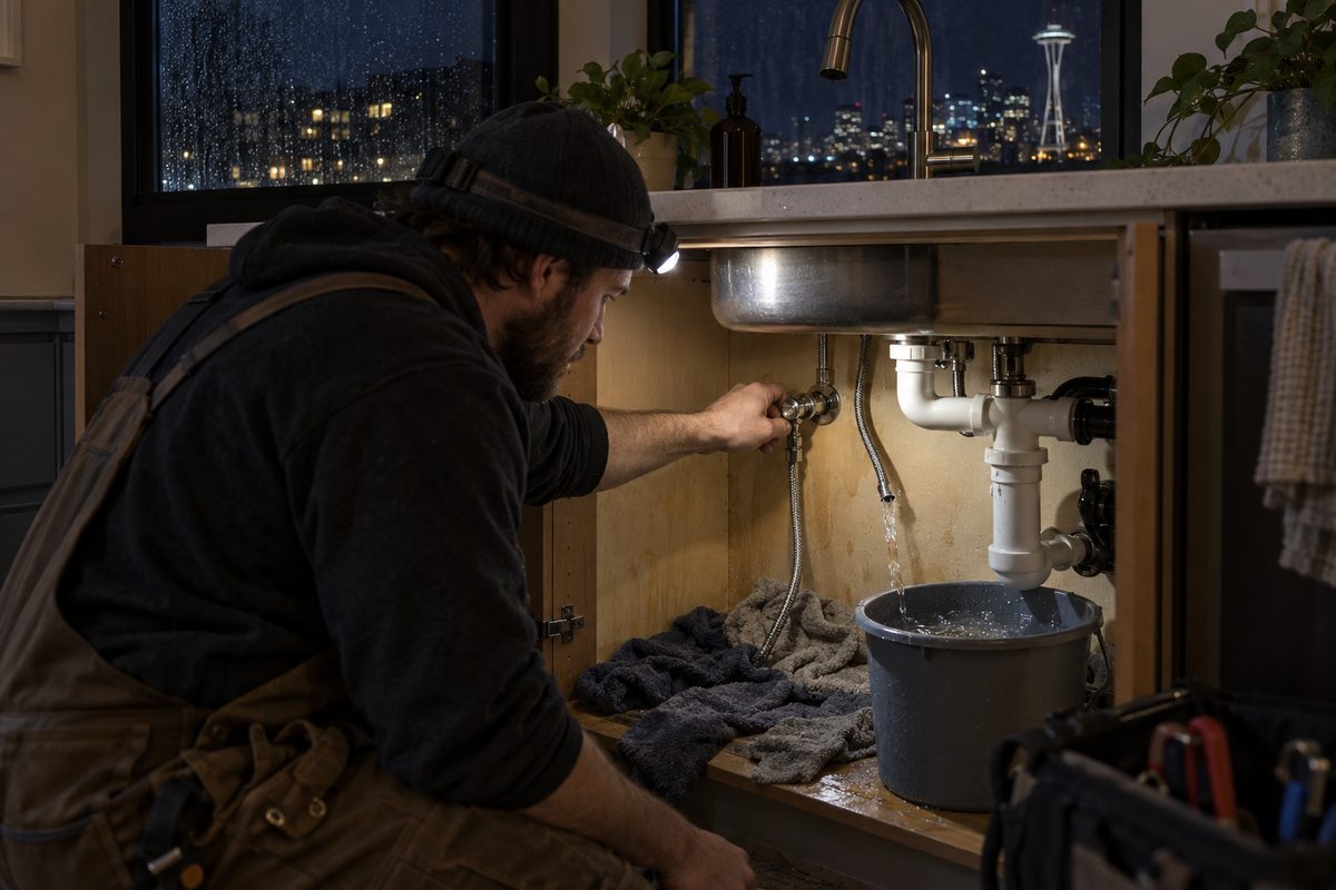 Plumber with a headlamp shutting off a burst supply line under a kitchen sink at night