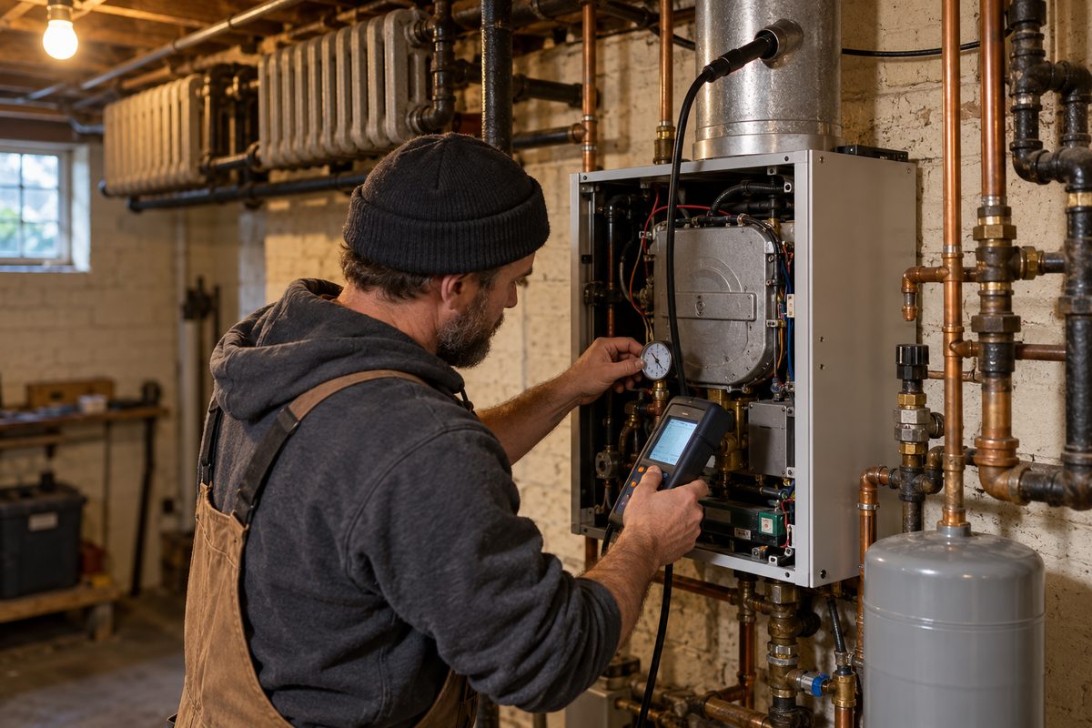 Technician checking the pressure gauge on an opened gas boiler in a basement