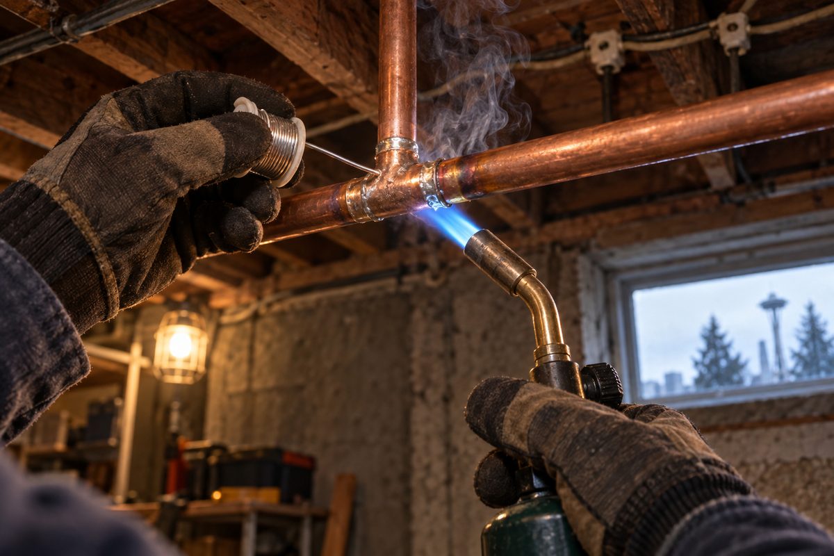 A plumber's gloved hands soldering a copper tee joint with a torch in a basement