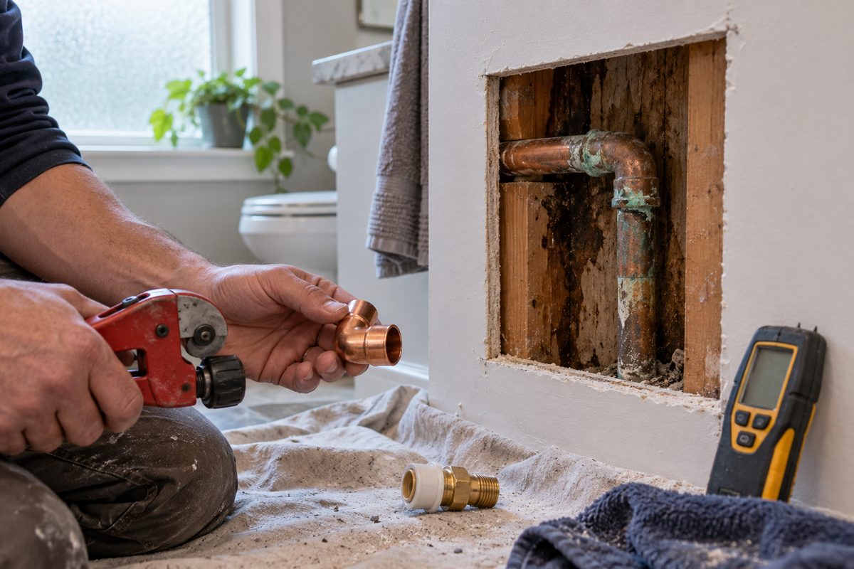 Corroded copper elbow exposed behind cut drywall with a pipe cutter and new fittings ready