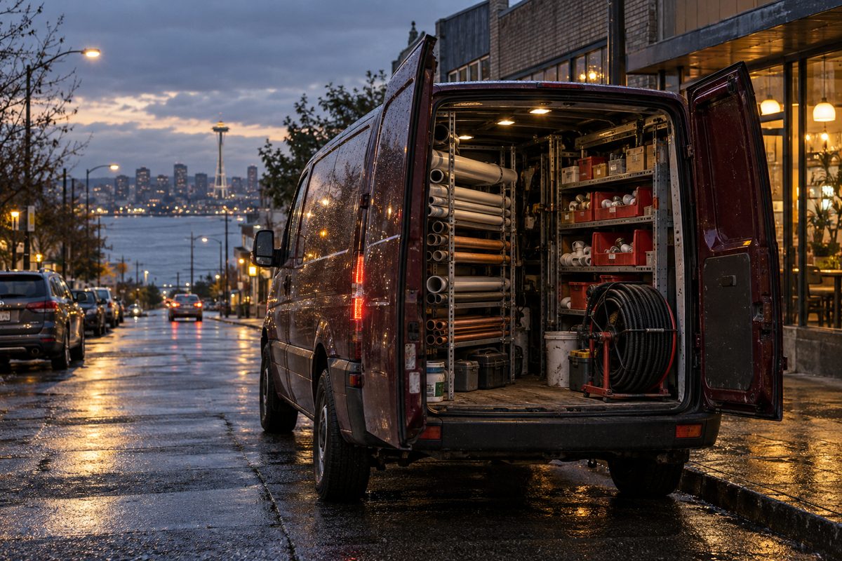 A service van with rear doors open, stocked with pipe and fittings, parked on a wet West Seattle street at dusk