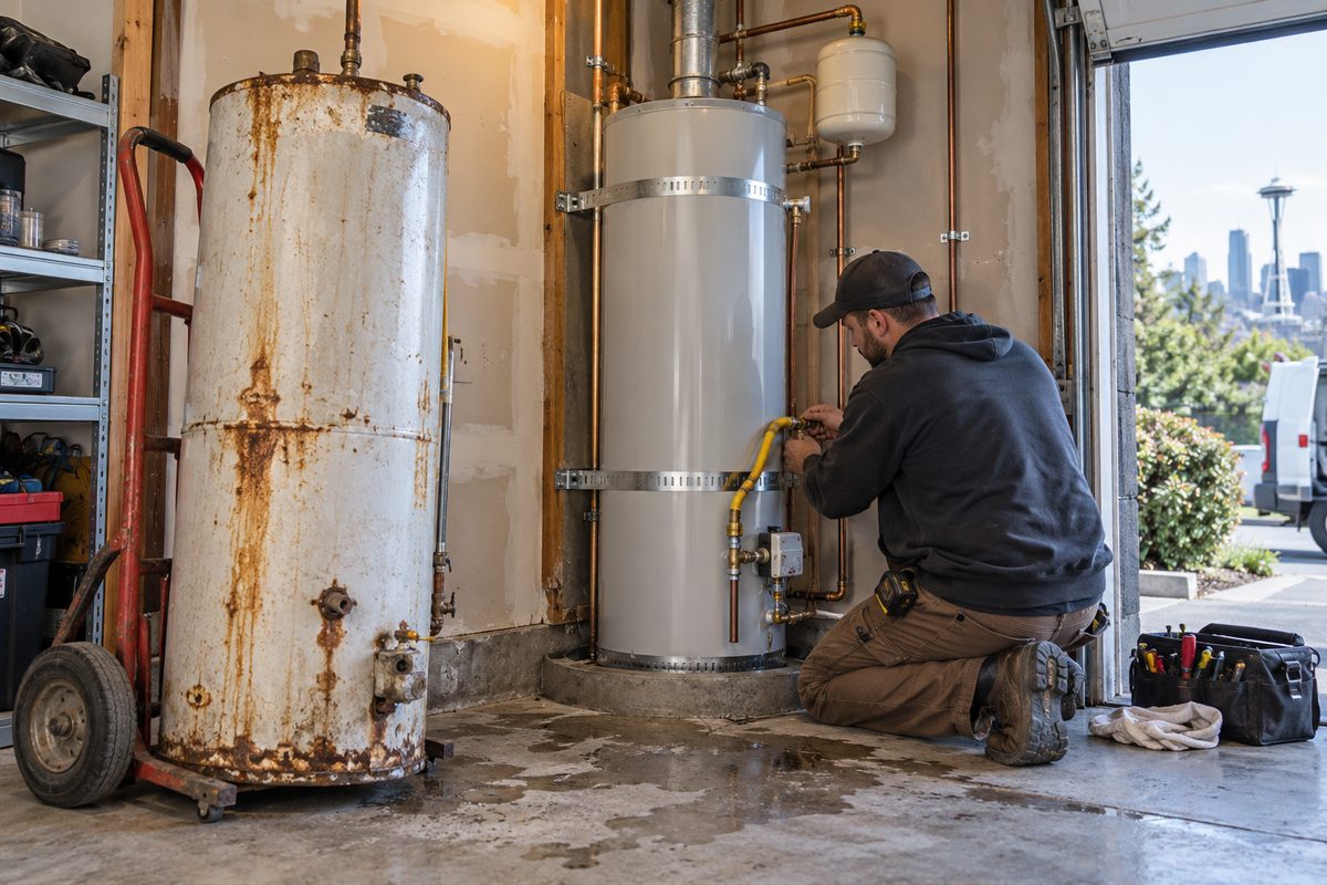 Old rusted water heater on a hand truck beside a new tank being connected in a garage