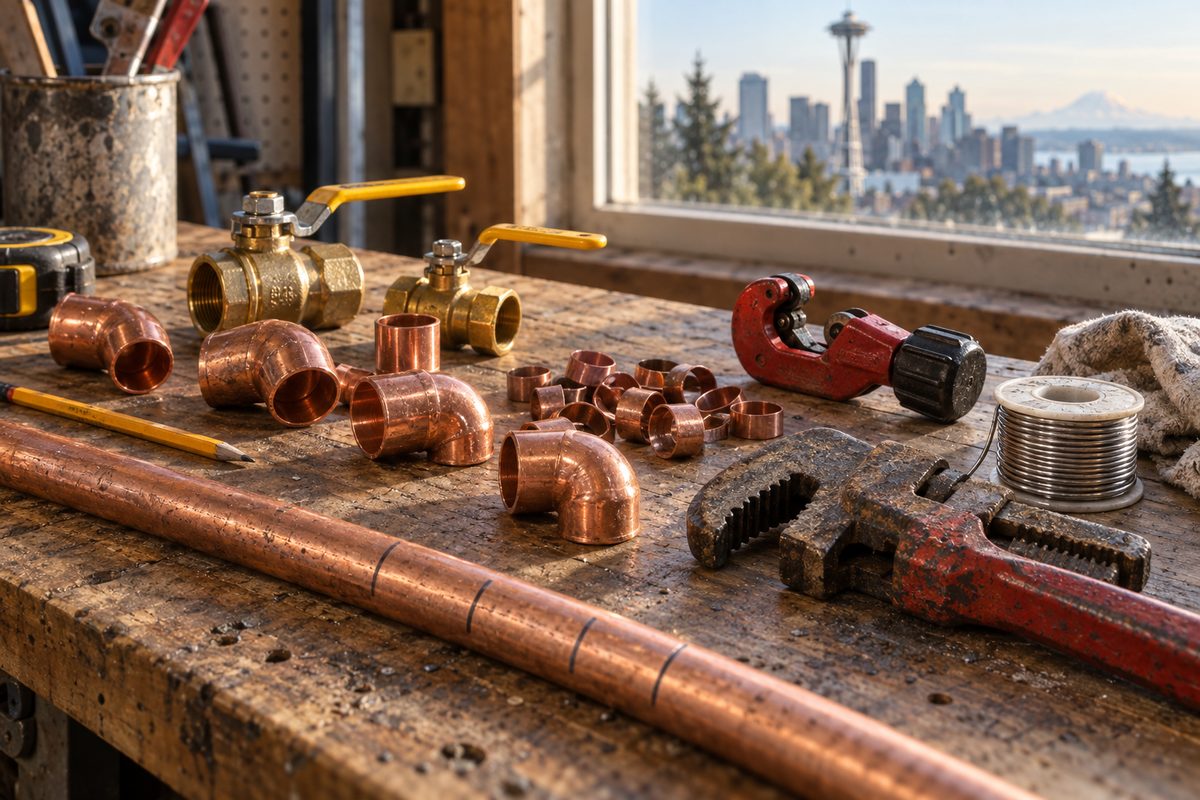 Brass valves, copper fittings, a pipe wrench and a tubing cutter laid out on a worn workbench